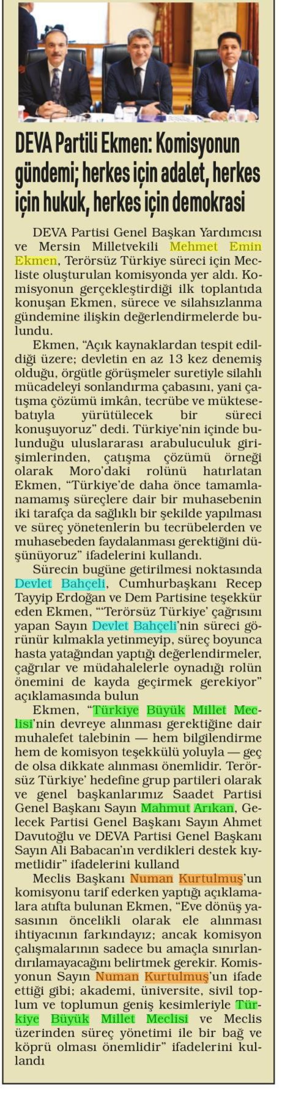 DEVA PARTİLİ EKMEN: KOMİYONUN GÜNDEMİ; HERKES İÇİN ADALET, HERKES İÇİN HUKUK, HERKES İÇİN DEMOKRASİ