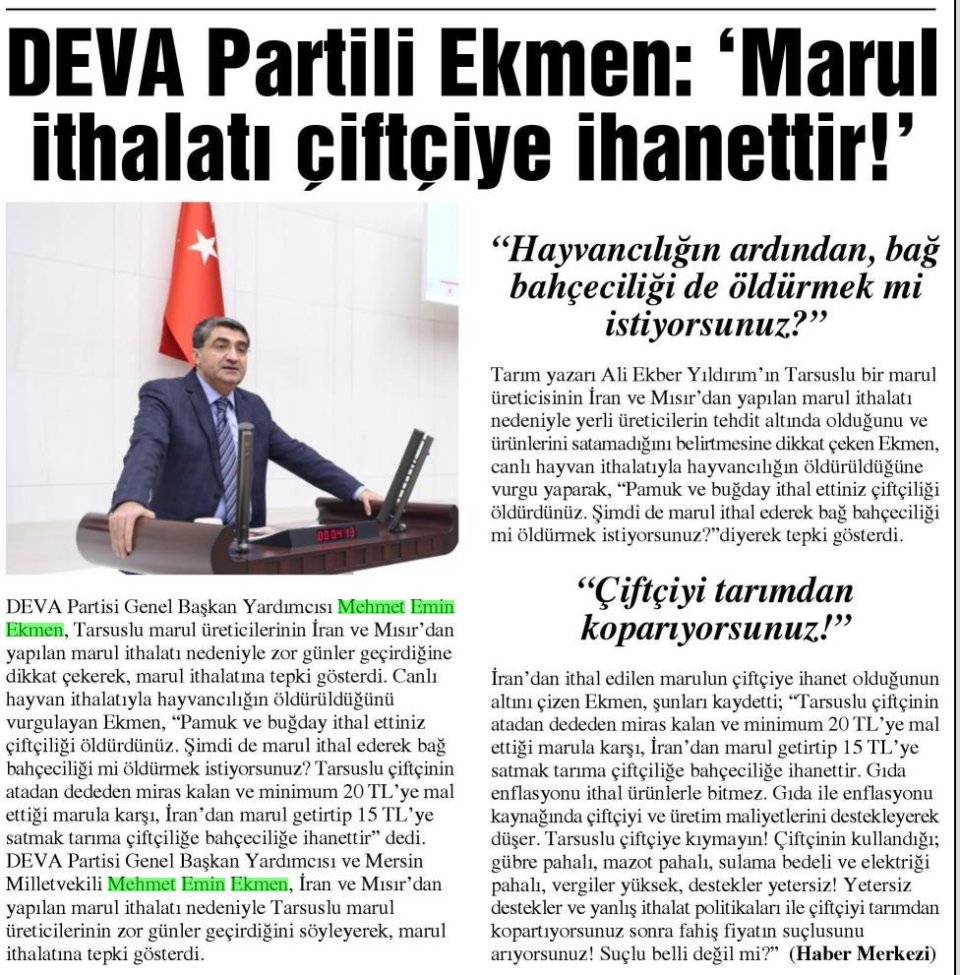 DEVA PARTİLİ EKMEN: MARUL İTHALATI ÇİFTÇİYE İHANETTİR