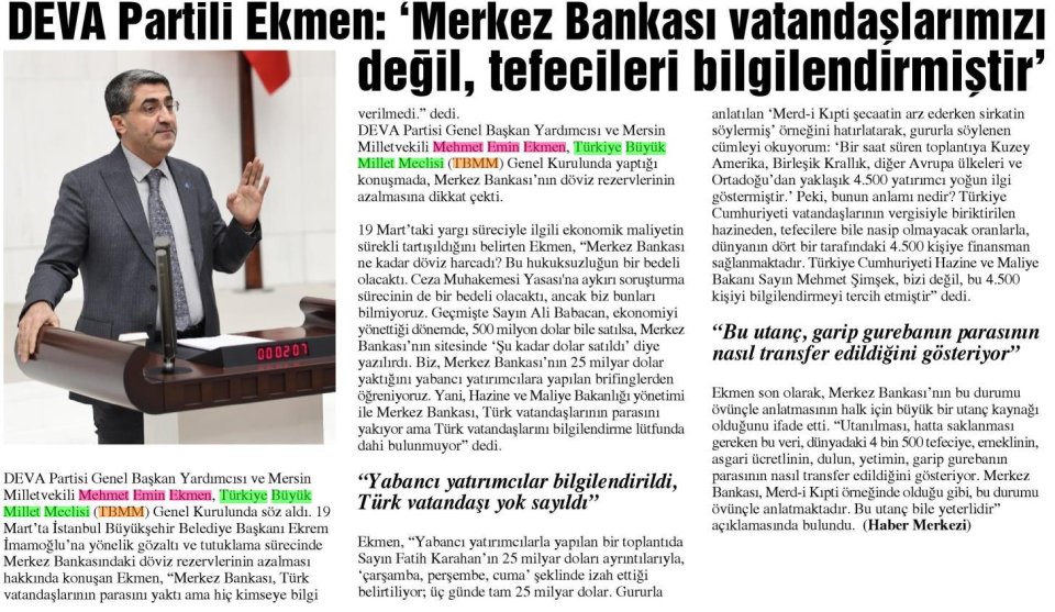 DEVA PARTİLİ EKMEN: MERKEZ BANKASI VATANDAŞLARIMIZI DEĞİL TEFECİLERİ BİLGİLENDİRMİŞTİR