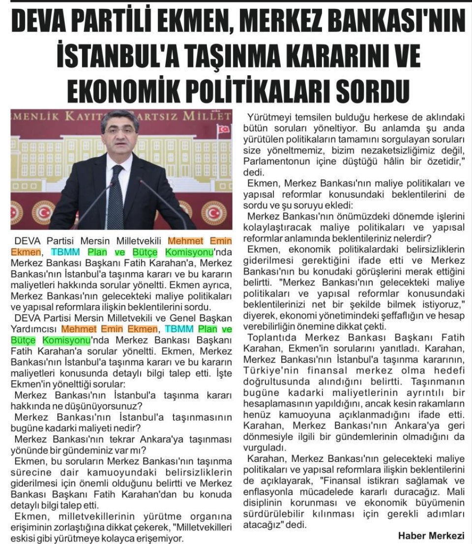 DEVA PARTİLİ EKMEN, MERKEZ BANKASININ İSTANBUL'A TAŞINMA KARARINI VE EKONOMİK POLİTİKALARI SORDU