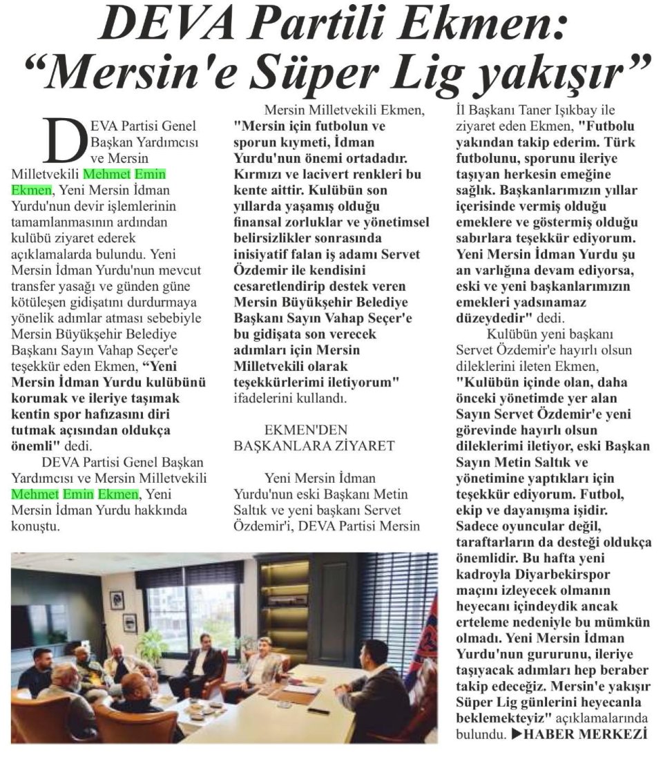 DEVA PARTİLİ EKMEN: MERSİN E SÜPER LİG YAKIŞIR