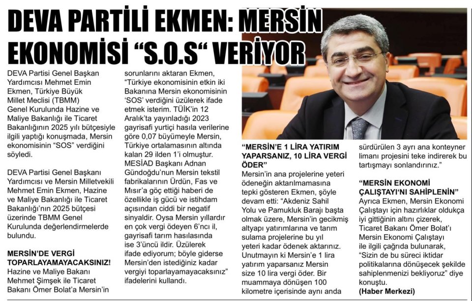 DEVA PARTİLİ EKMEN: MERSİN EKONOMİSİ 