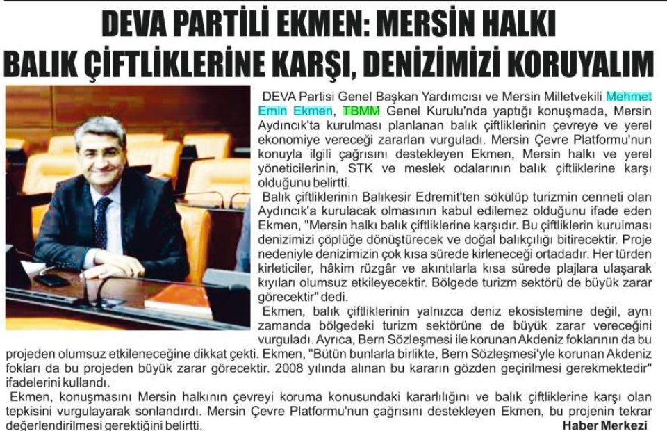 DEVA PARTİLİ EKMEN: MERSİN HALKI BALIK ÇİFTLİKERİNE KARŞI DENİZİMİZİ KORUYALIM