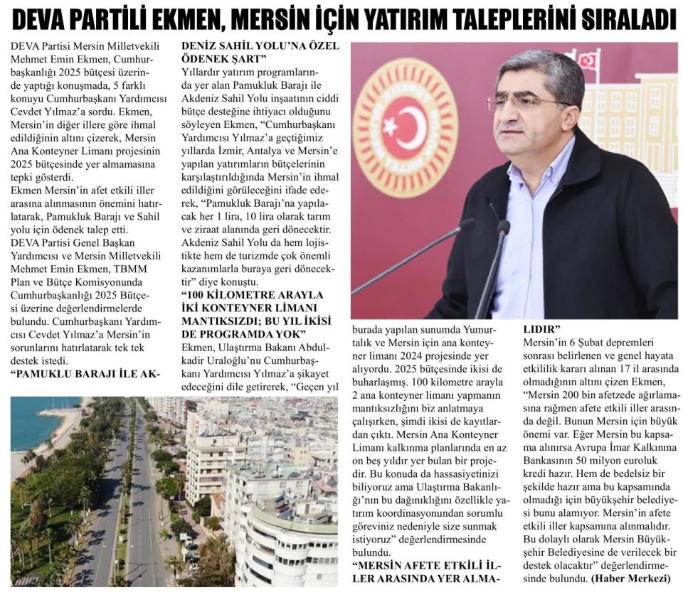 DEVA PARTİLİ EKMEN, MERSİN İÇİN YATIRIM TALEPLERİNİ SIRALADI
