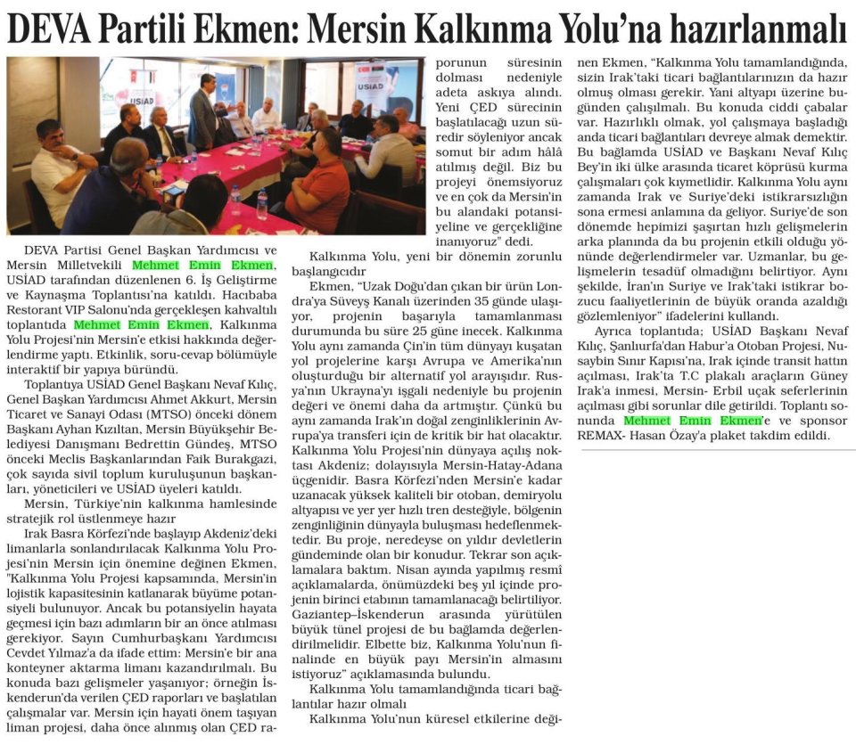 DEVA PARTİLİ EKMEN MERSİN KALKINMA YOLUNA HAZIRLANMALI