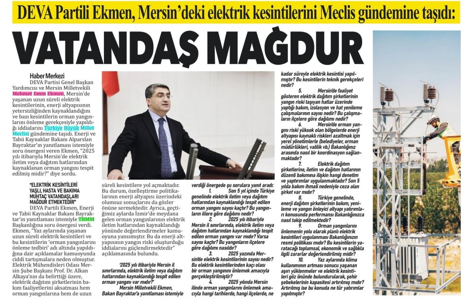 DEVA PARTİLİ EKMEN, MERSİN'DEKİ ELEKTRİK KESİNTİLERİNİ MECLİS GÜNDEMİNE TAŞIDI