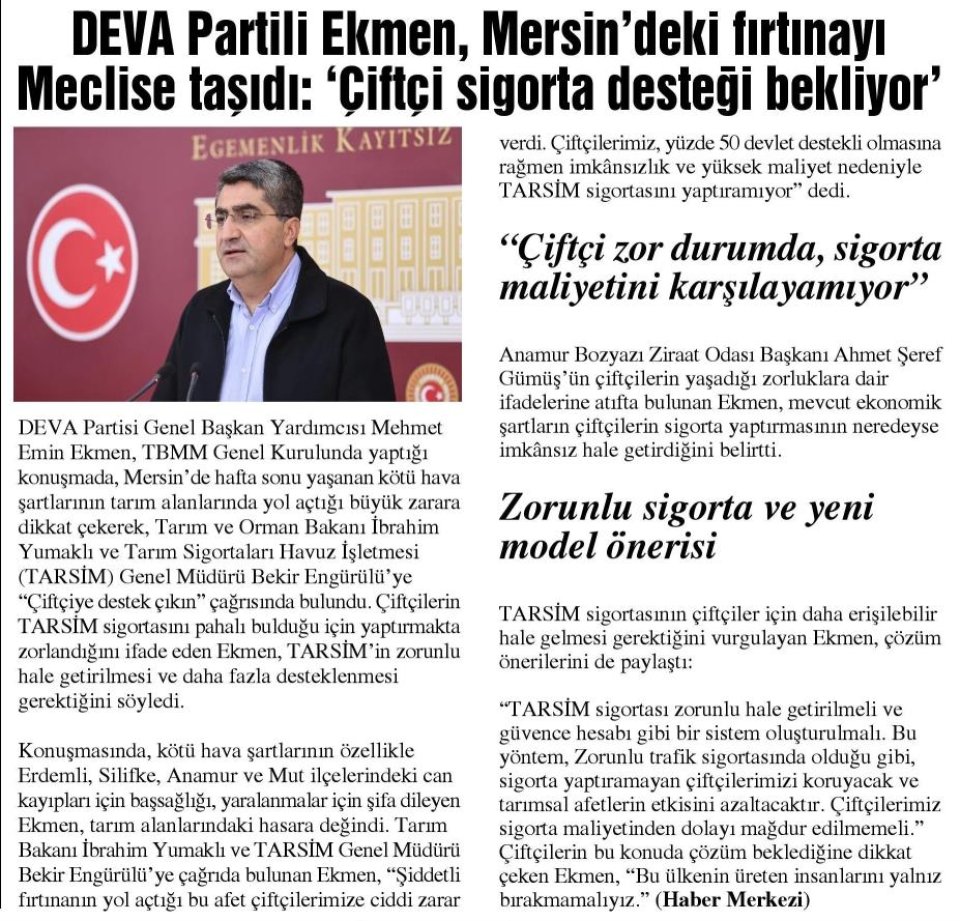 DEVA PARTİLİ EKMEN, MERSİN'DEKİ FIRTINAYI MECLİSE TAŞIDI: ÇİFTÇİ SİGORTA DESTEĞİ BEKLİYOR