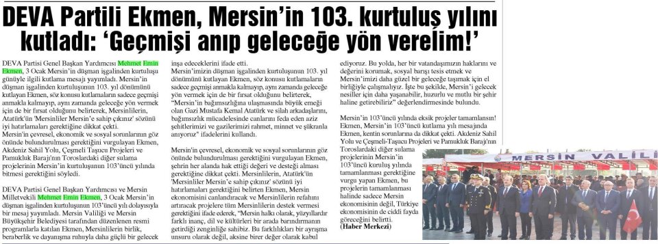 DEVA PARTİLİ EKMEN, MERSİN'İN 103. KURTULUŞ YILINI KUTLADI: GEÇMİŞİ ANIP GELECEĞE YÖN VERELİM!'