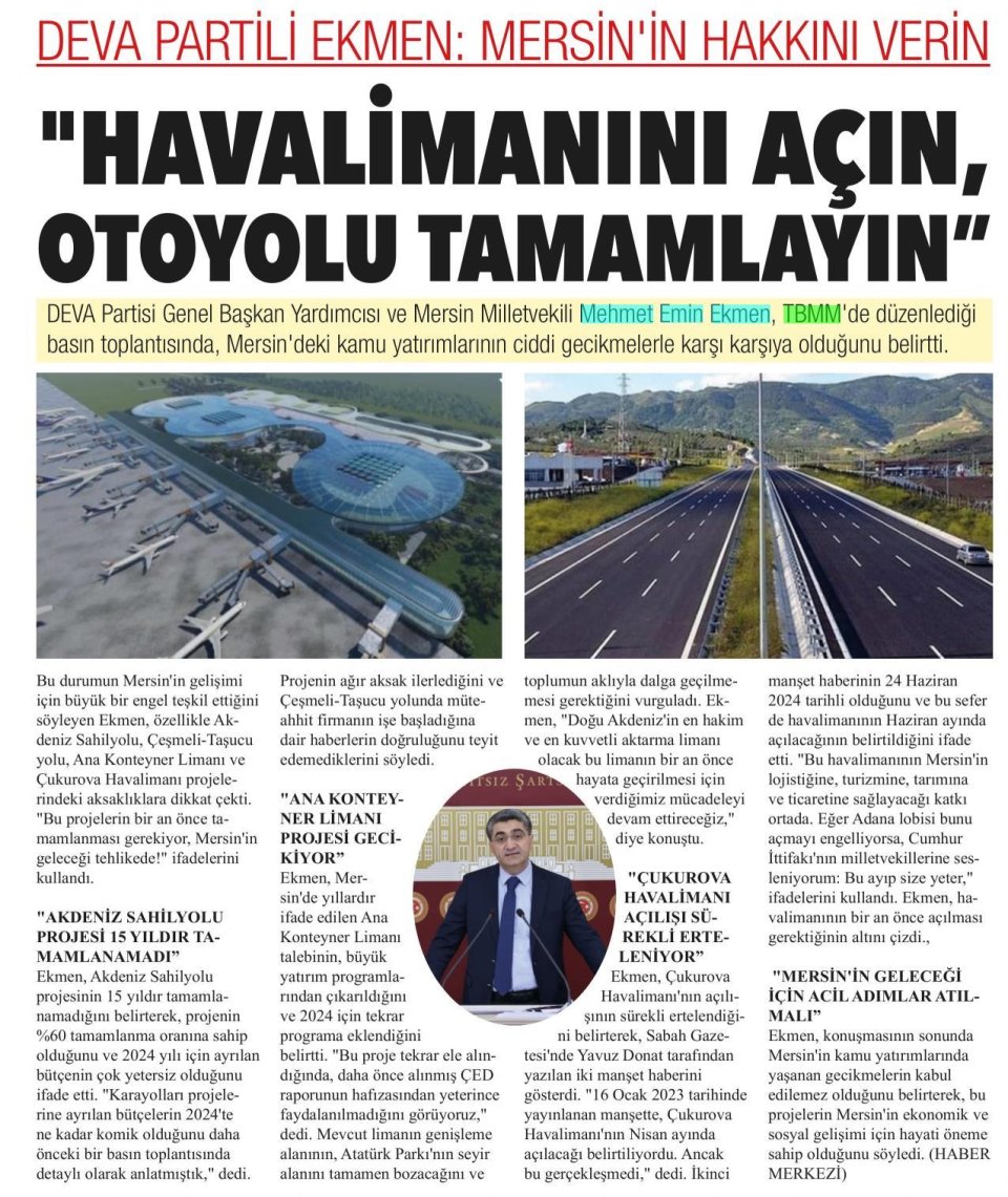 DEVA PARTİLİ EKMEN: MERSİN'İN HAKKINI VERİN 