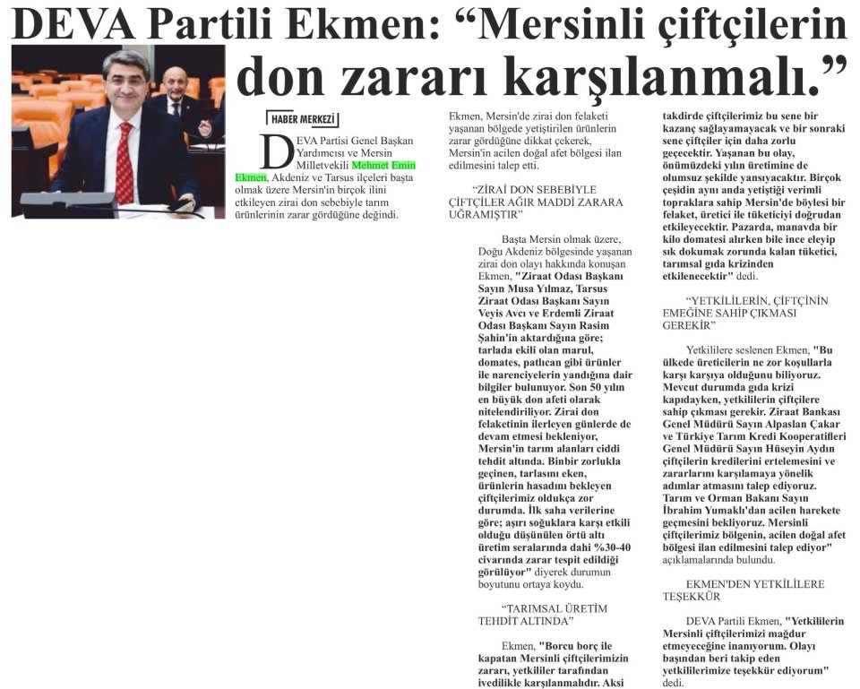 DEVA PARTİLİ EKMEN: MERSİNLİ ÇİFTÇİLERİN DON ZARARI KARŞILANMALI