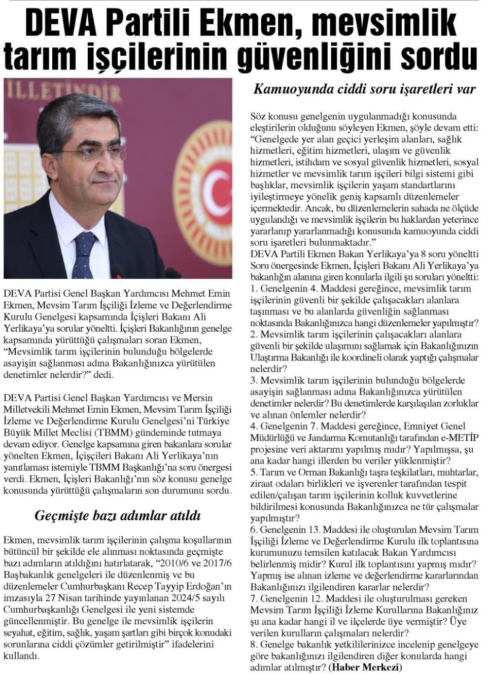 DEVA PARTİLİ EKMEN MEVSİMLİK TARIM İŞÇİLERİNİN GÜVENLİĞİNİ SORDU 