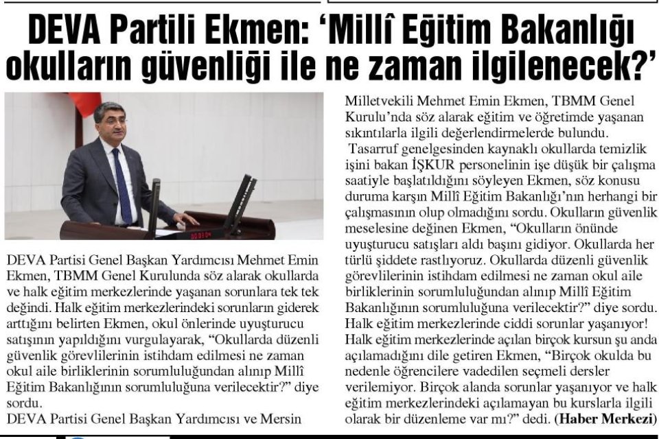 DEVA PARTİLİ EKMEN: 'MİLLİ EĞİTİM BAKANLIĞI OKULLARIN GÜVENLİĞİ İLE NE ZAMAN İLGİLENECEK?'