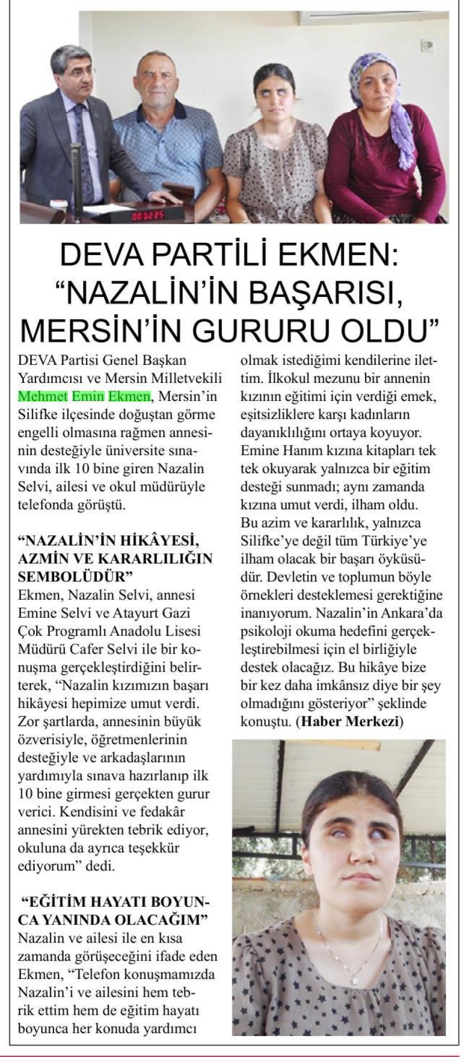 DEVA PARTİLİ EKMEN: NAZALİN'İN BAŞARISI MERSİN'İN GURURU OLDU