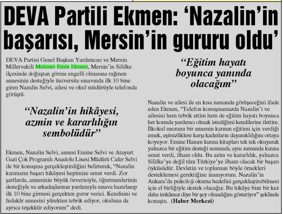  DEVA PARTİLİ EKMEN: 'NAZALİN'İN BAŞARISI, MERSİN'İN GURURU OLDU'