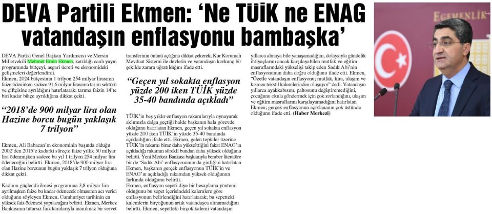 DEVA PARTİLİ EKMEN: NE TÜİK NE ENAG VATANDAŞIN ENFLASYONU BAMBAŞKA