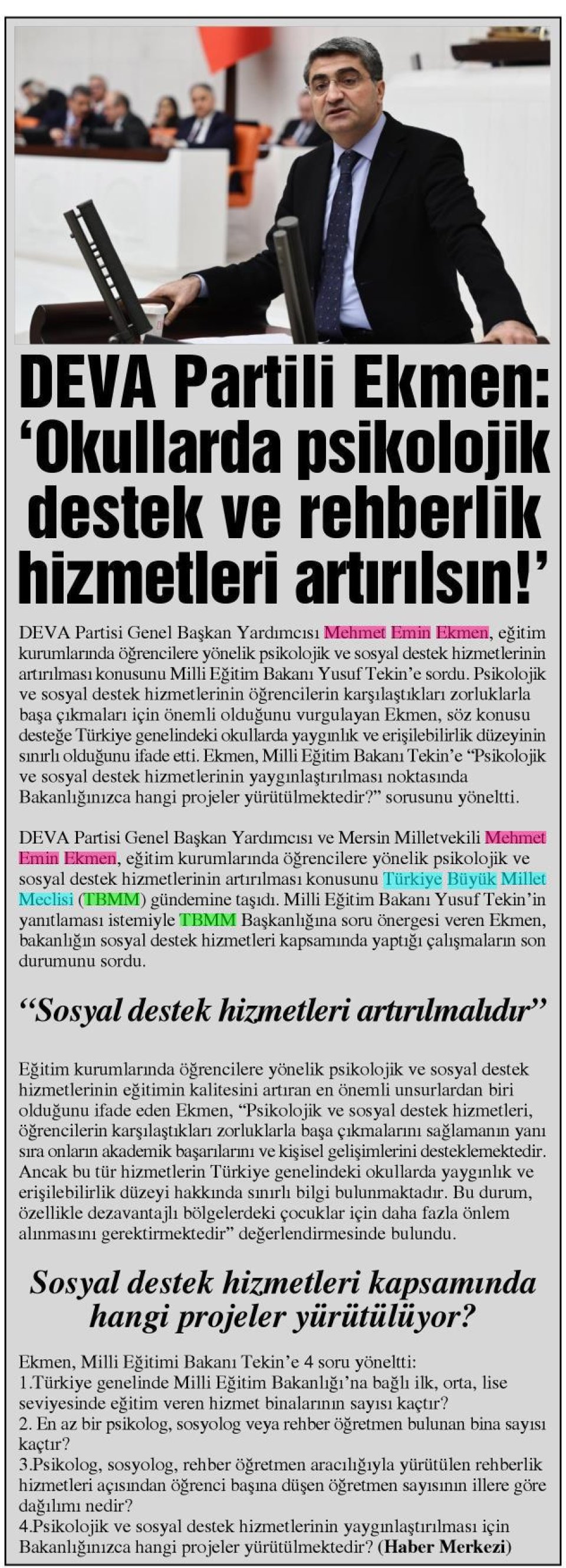 DEVA PARTİLİ EKMEN: 'OKULLARDA PSİKOLOJİK DESTEK VE REHBERLİK HİZMETLERİ ARTIRILSIN!'