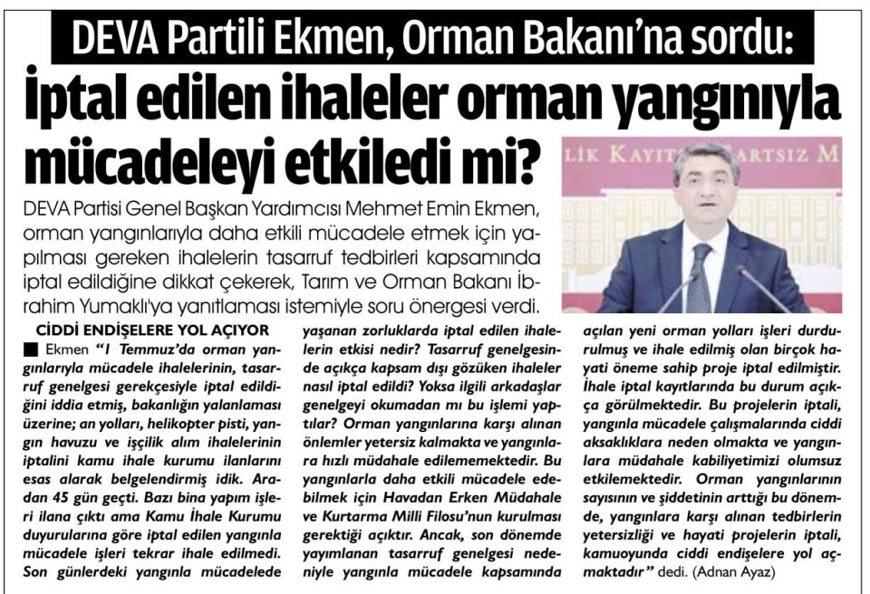 DEVA PARTİLİ EKMEN, ORMAN BAKANI'NA SORDU
