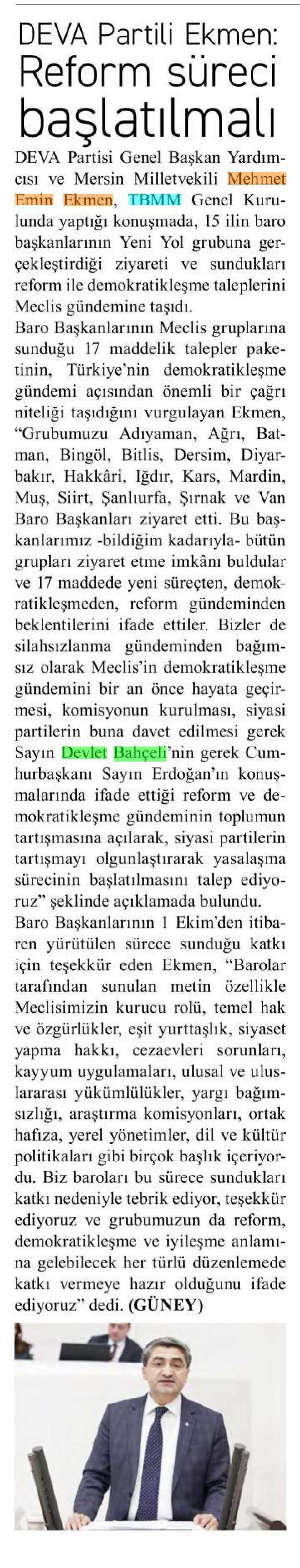 DEVA PARTİLİ EKMEN: REFORM SÜRECİ BAŞLATILMALI