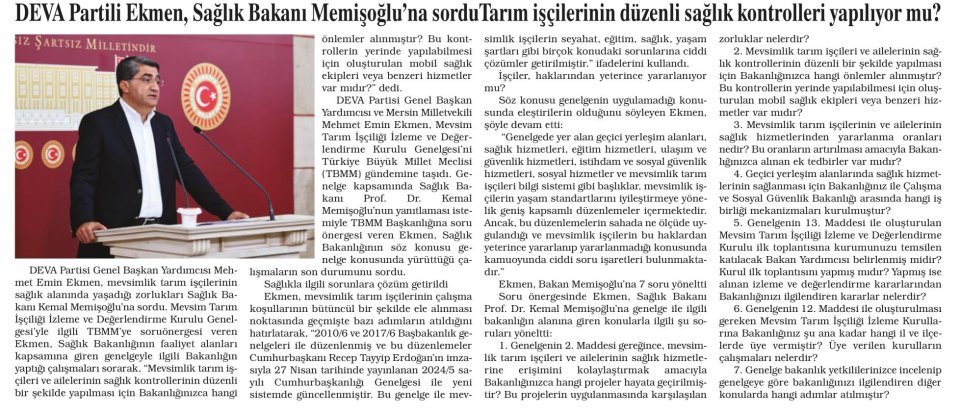 DEVA PARTİLİ EKMEN, SAĞLIK BAKANI MEMİŞOĞLU'NA SORDU TARIM İŞÇİLERİNİN DÜZENLİ SAĞLIK KONTROLLERİ YAPILIYOR MU?