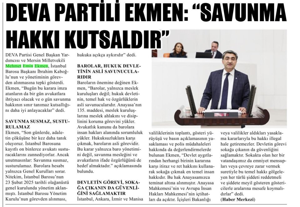 DEVA PARTİLİ EKMEN: SAVUNMA HAKKI KUTSALDIR