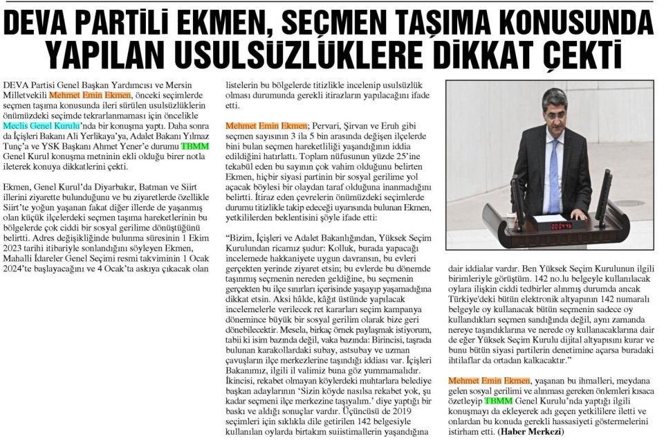 DEVA PARTİLİ EKMEN, SEÇMEN TAŞIMA KONUSUNDA YAPILAN USULSÜZLÜKLERE DİKKAT ÇEKTİ