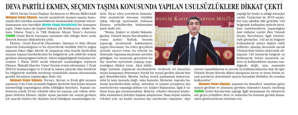 DEVA PARTİLİ EKMEN, SEÇMEN TAŞIMA KONUSUNDA YAPILAN USULSÜZLÜKLERE DİKKAT ÇEKTİ