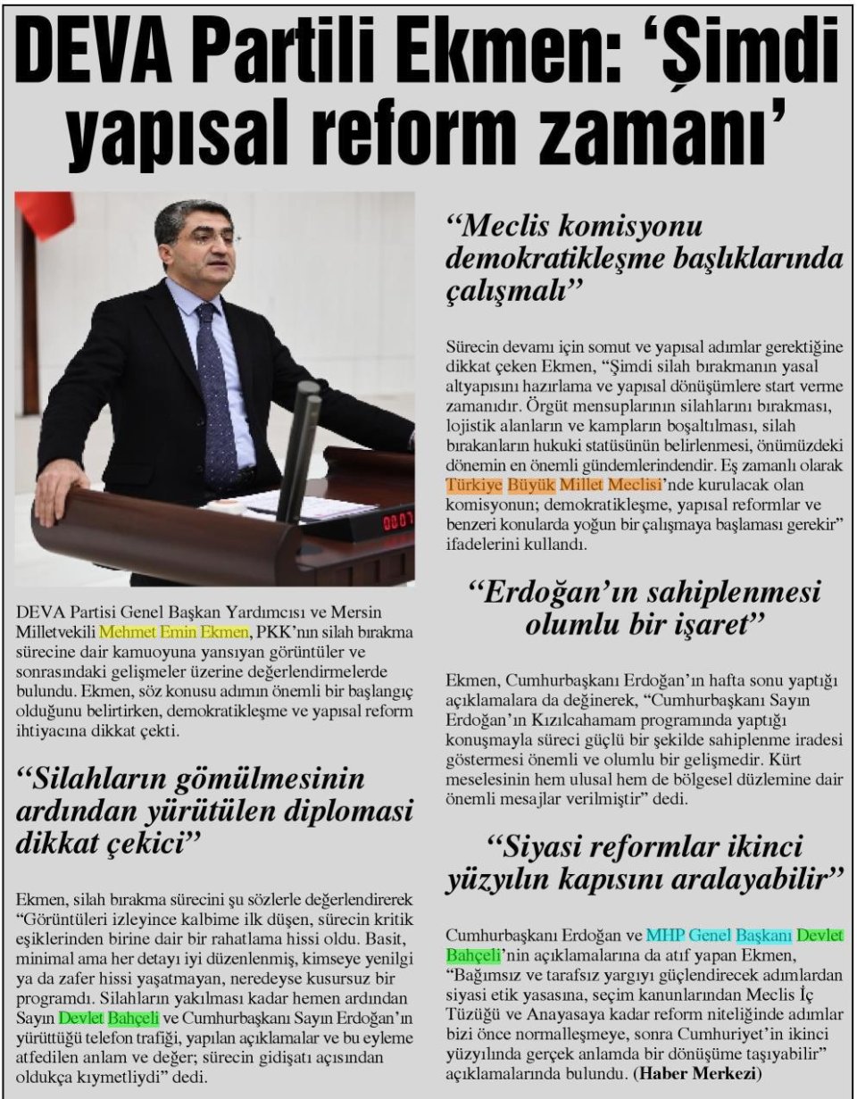 DEVA PARTİLİ EKMEN: 'SİMDİ YAPISAL REFORM ZAMANI'