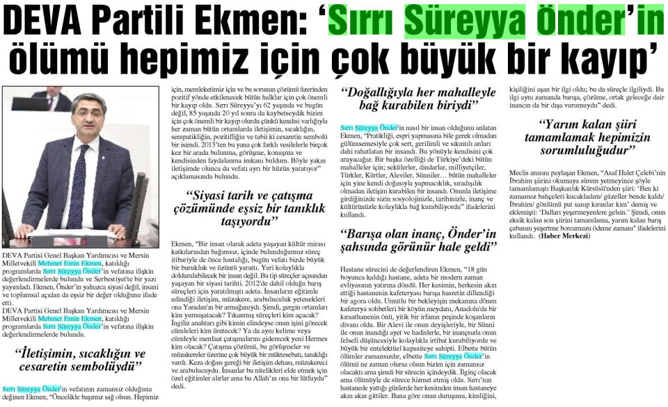 DEVA PARTİLİ EKMEN: 'SIRRI SÜREYYA ÖNER'İN ÖLÜMÜ HEPİMİZ İÇİN ÇOK BÜYÜK BİR KAYIP'