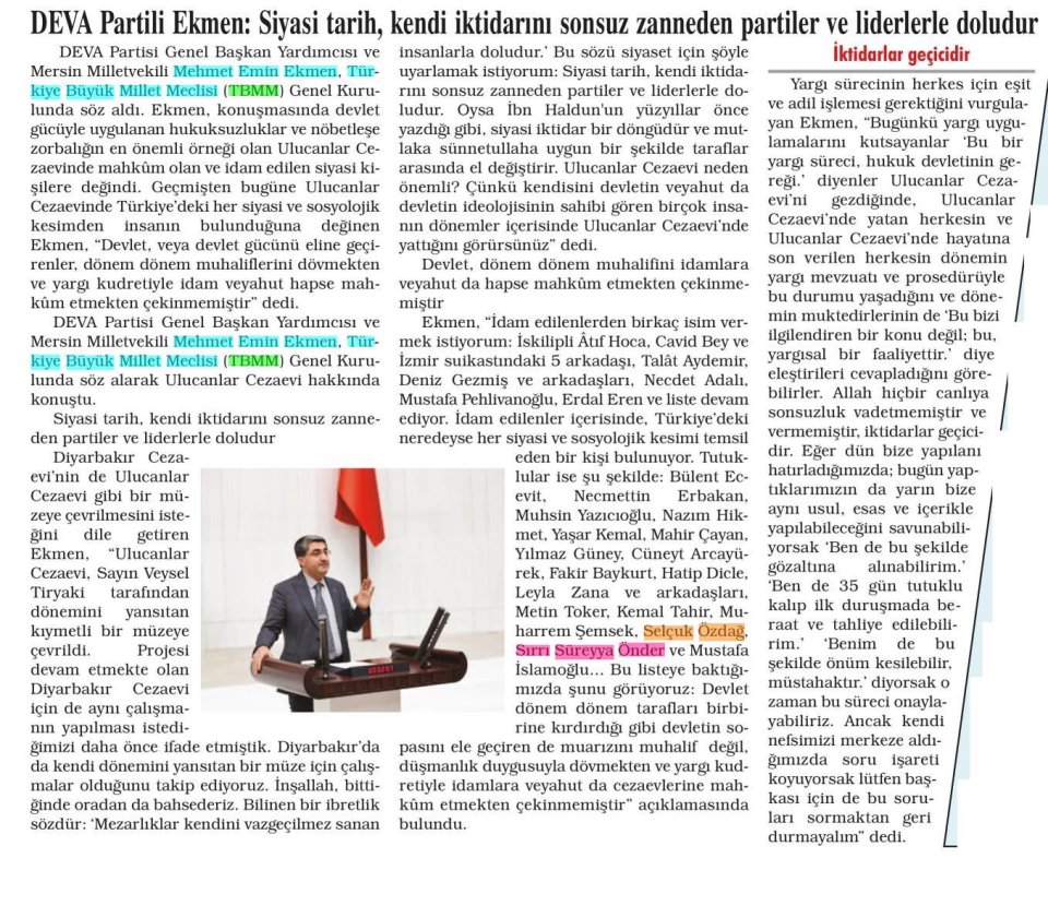 DEVA PARTİLİ EKMEN: SİYASİ TARİH, KENDİ İKTİDARINI SONSUZ ZANNEDEN PARTİLER VE LİDERLERLE DOLUDUR