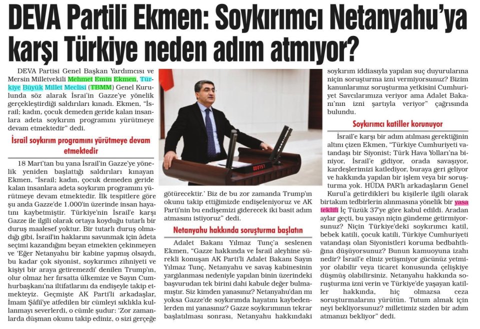 DEVA PARTİLİ EKMEN: SOYKIRIMCI NETANYAHU'YA KARŞI TÜRKİYE NEDEN ADIM ATMIYOR?