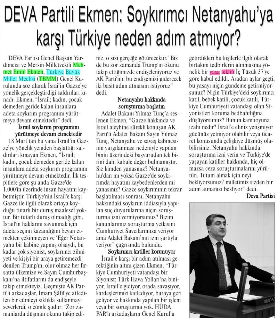 DEVA PARTİLİ EKMEN: SOYKIRIMCI NETANYAHU'YA KARŞI TÜRKİYE NEDEN ADIM ATMIYOR?