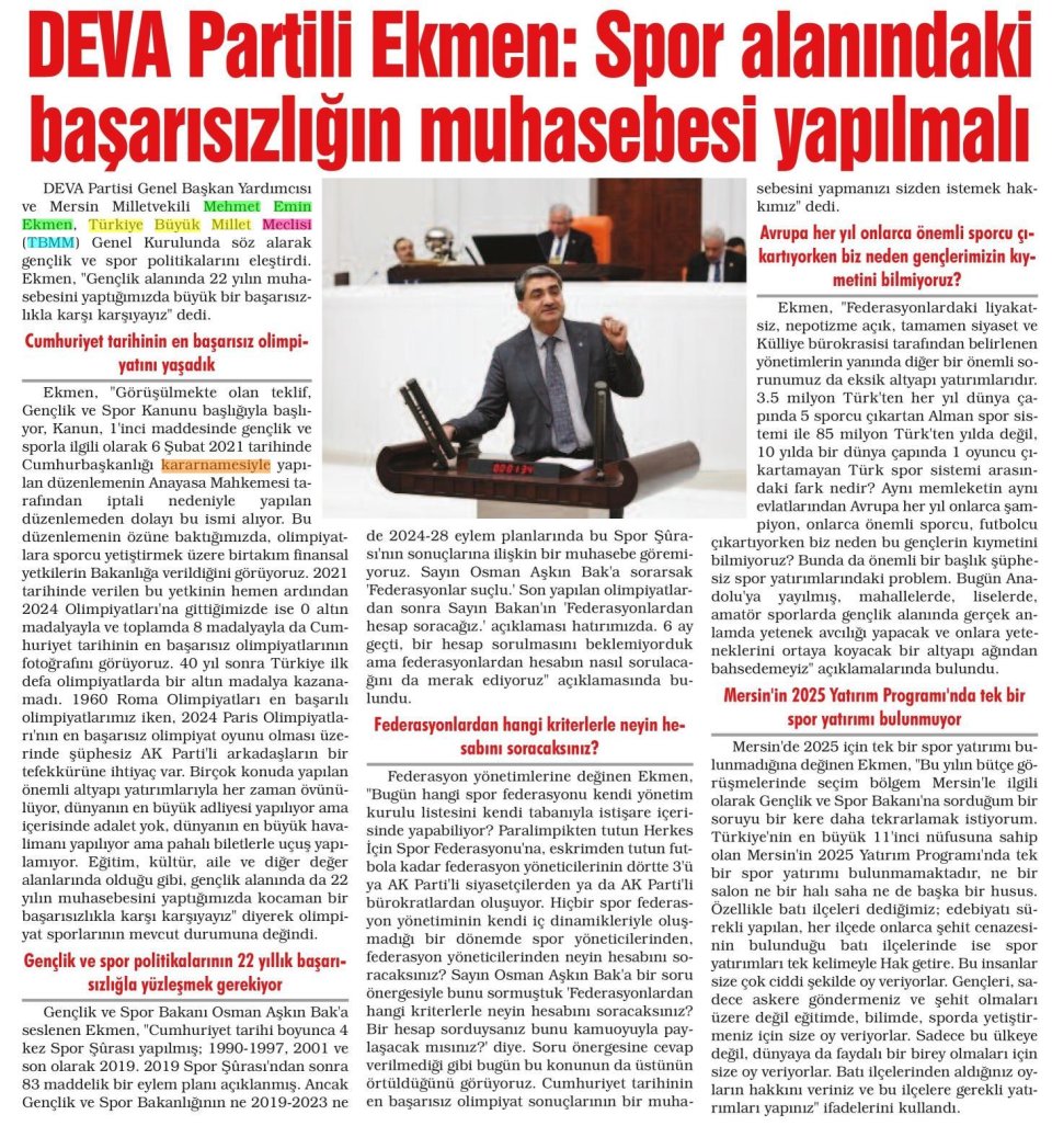 DEVA PARTİLİ EKMEN: SPOR ALANINDAKİ BAŞARISIZLIĞIN MUHASEBESİ YAPILMALI