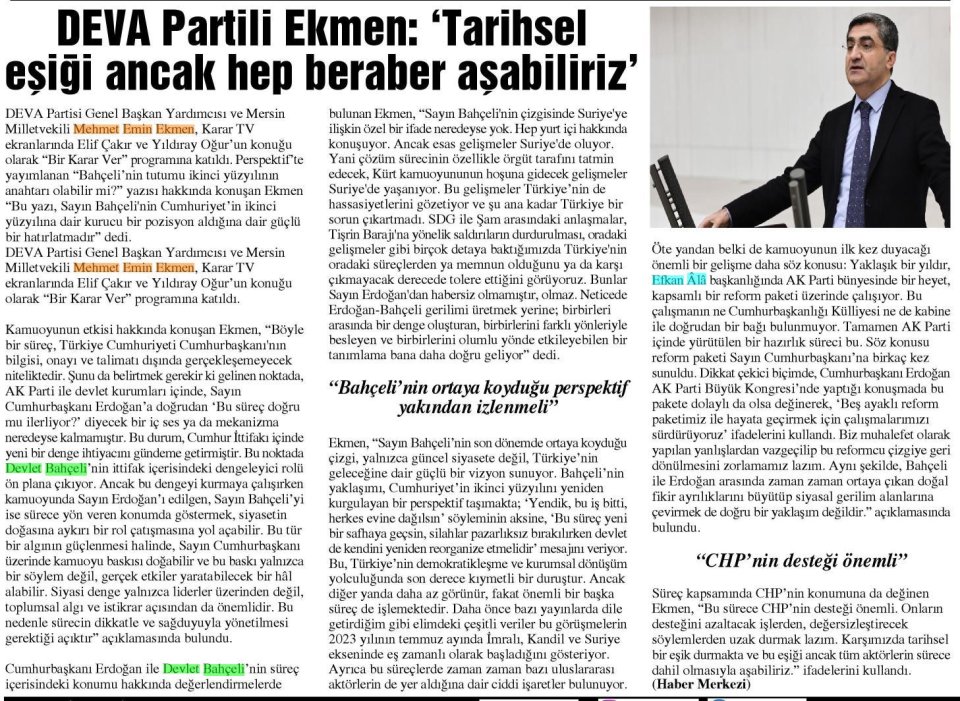 DEVA PARTİLİ EKMEN: TARİHSEL EŞİĞİ ANCAK HEP BERABER AŞABİLİRİZ