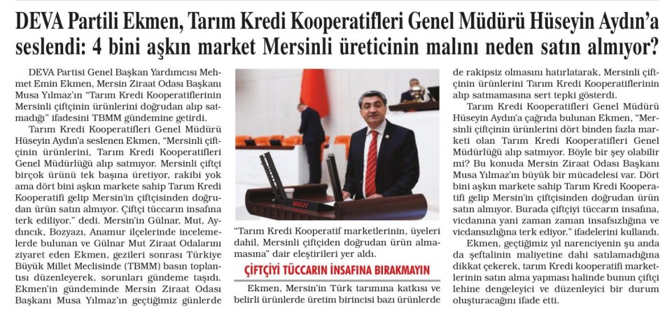 DEVA PARTİLİ EKMEN, TARIM KREDİ KOOPERATİFLERİ GENEL MÜDÜRÜ HÜSEYİN AYDIN'A SESLENDİ