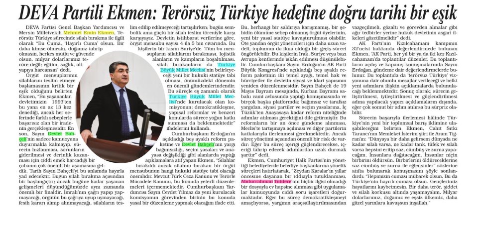 DEVA PARTİLİ EKMEN: TERÖRSÜZ TÜRKİYE HEDEFİNE DOĞRU TARİHİ BİR EŞİK