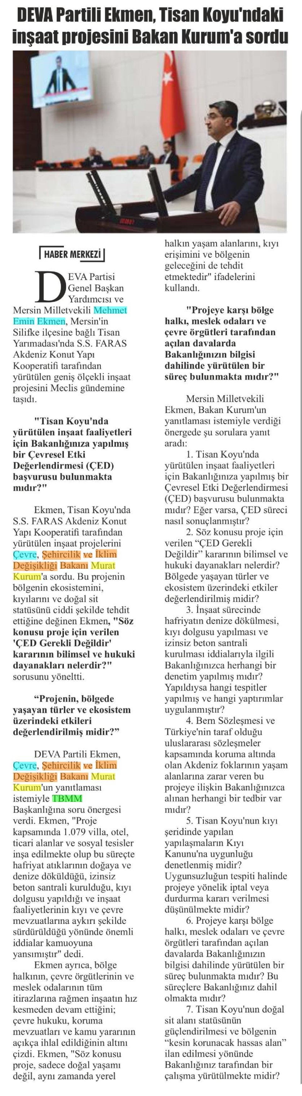 DEVA PARTİLİ EKMEN TİSAN KOYU'NDAKİ İNŞAAT PROJESİNİ BAKAN KURUM'A SORDU