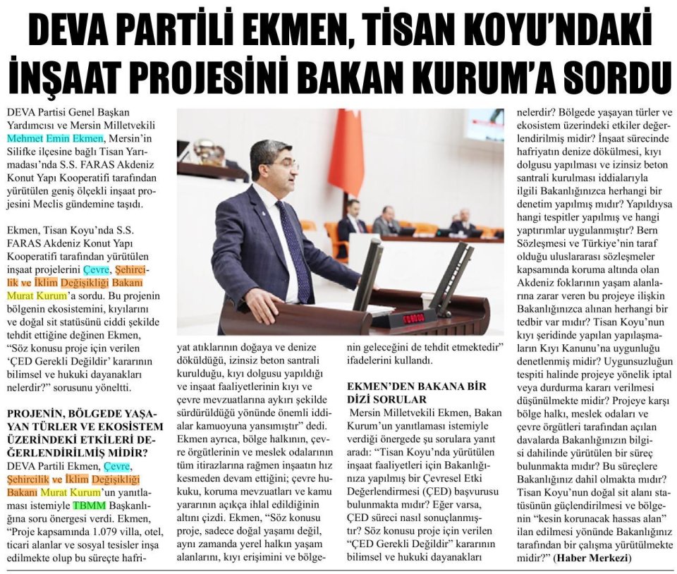 DEVA PARTİLİ EKMEN , TİSAN KOYU'NDAKİ İNŞAAT PROJESİNİ BAKAN KURUM'A SORDU