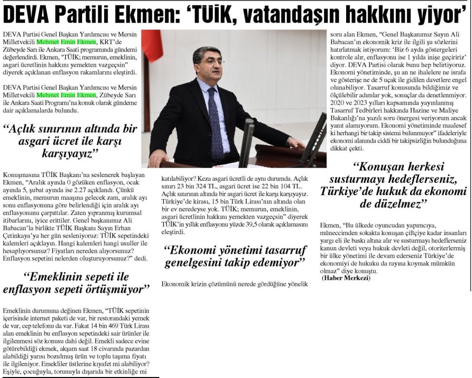 DEVA PARTİLİ EKMEN: 'TÜİK, VATANDAŞIN HAKKINI YİYOR'