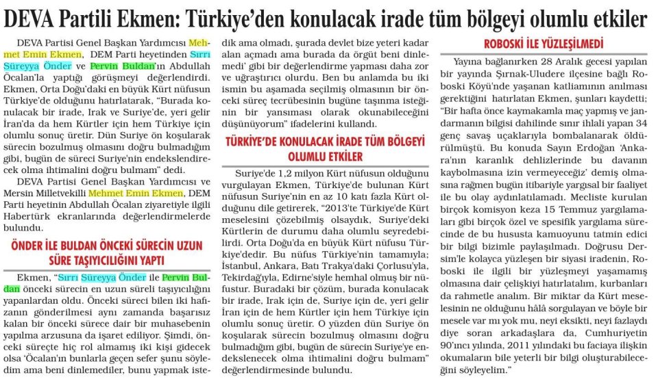DEVA PARTİLİ EKMEN : TÜRKİYE'DEN KONULACAK İRADE TÜM BÖLGEYİ OLUMLU ETKİLER