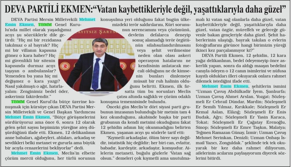 DEVA PARTİLİ EKMEN: ''VATAN KAYBETTİKLERİYLE DEĞİL, YAŞATTIKLARIYLA DAHA GÜZEL''