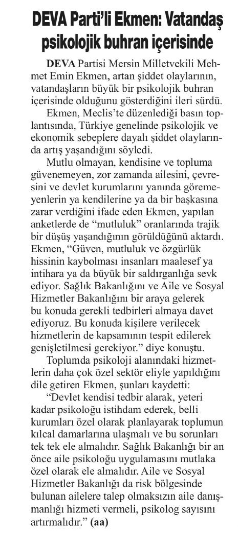 DEVA PARTİLİ EKMEN: VATANDAŞ PSİKOLOJİK BUHRAN İÇERİSİNDE