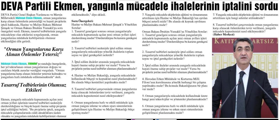DEVA PARTİLİ EKMEN, YANGINLA MÜCADELE İHALELERİNİN İPTALİNİ SORDU