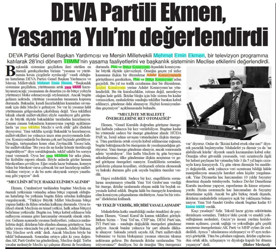 DEVA PARTİLİ EKMEN, YASAMA YILI' NI DEĞERLENDİRDİ