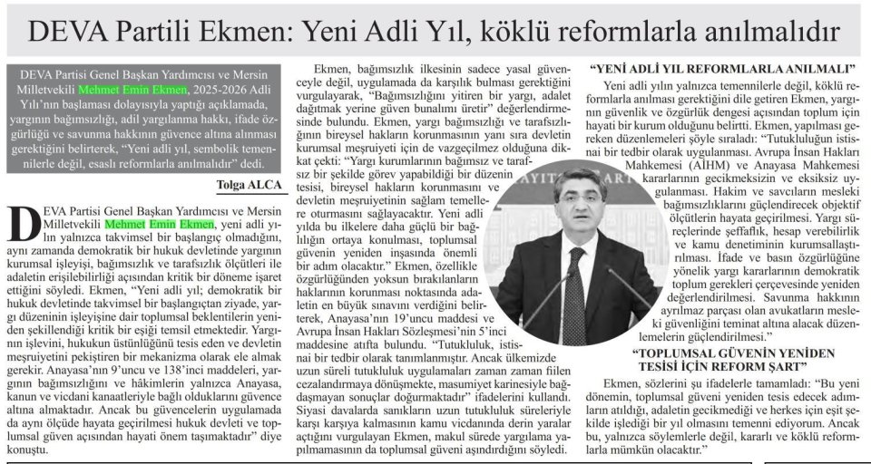 DEVA PARTİLİ EKMEN: YENİ ADLİ YIL KÖKLÜ REFORMLARLA ANILMALIDIR