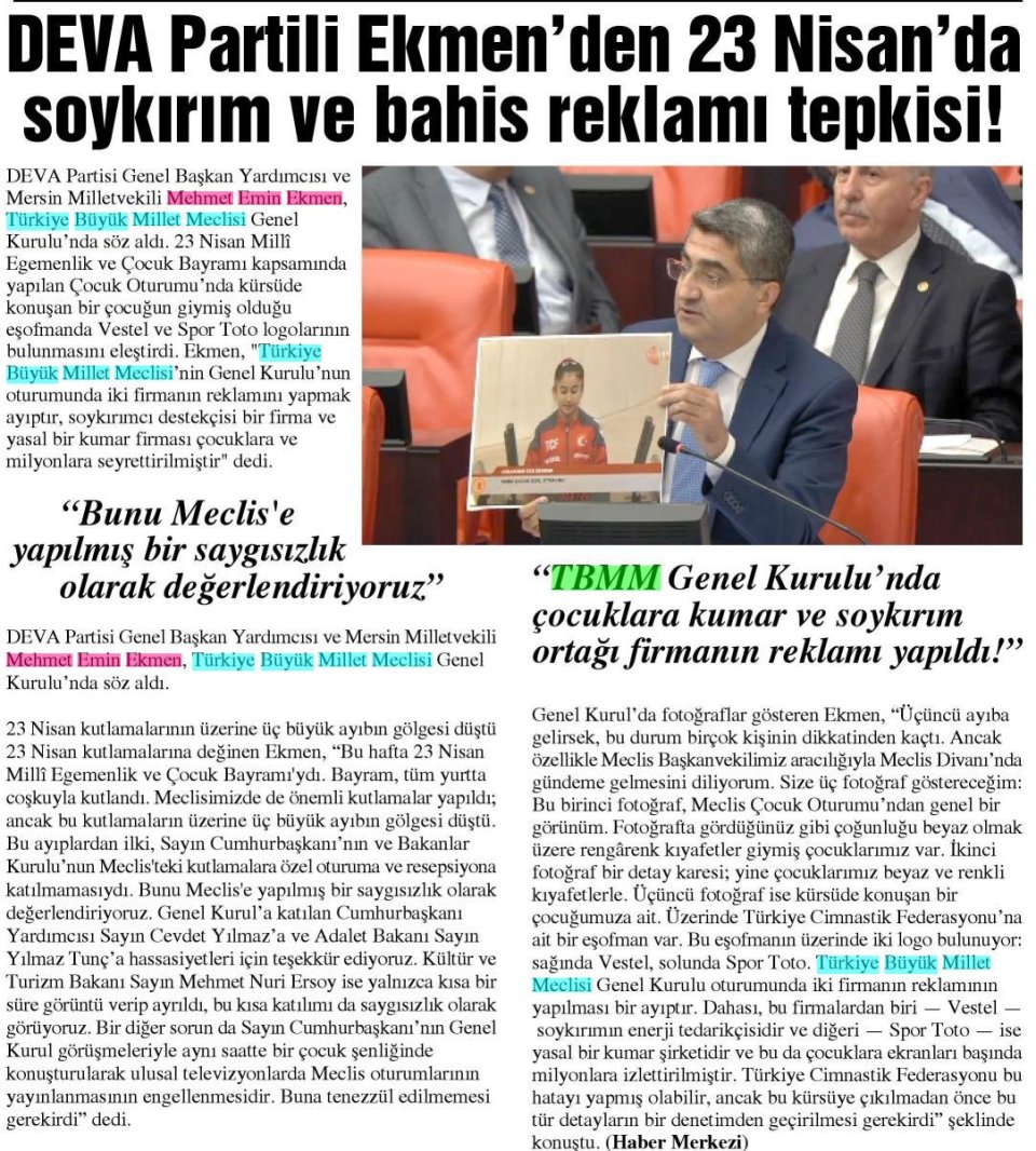 DEVA PARTİLİ EKMENDEN 23 NİSANDA SOYKIRIM VE BAHİS REKLAMI TEPKİSİ!