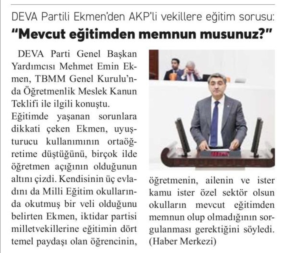 DEVA PARTİLİ EKMEN'DEN AKP'Lİ VEKİLLERE EĞİTİM SORUSU