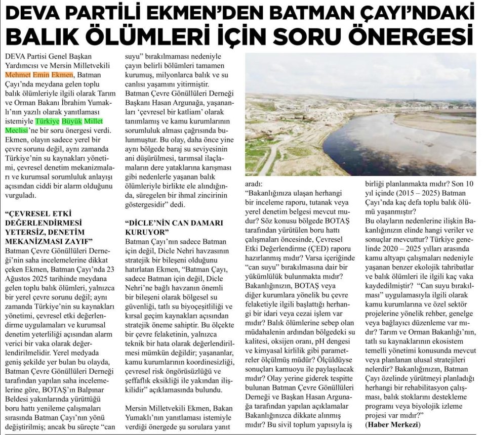 DEVA PARTİLİ EKMEN'DEN BATMAN ÇAYI'NDAKI BALIK ÖLÜMLERİ İÇİN SORU ÖNERGESİ