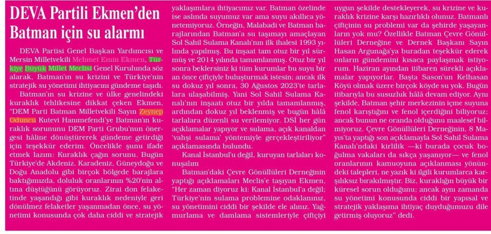 DEVA PARTİLİ EKMEN'DEN BATMAN İÇİN SU ALARMI