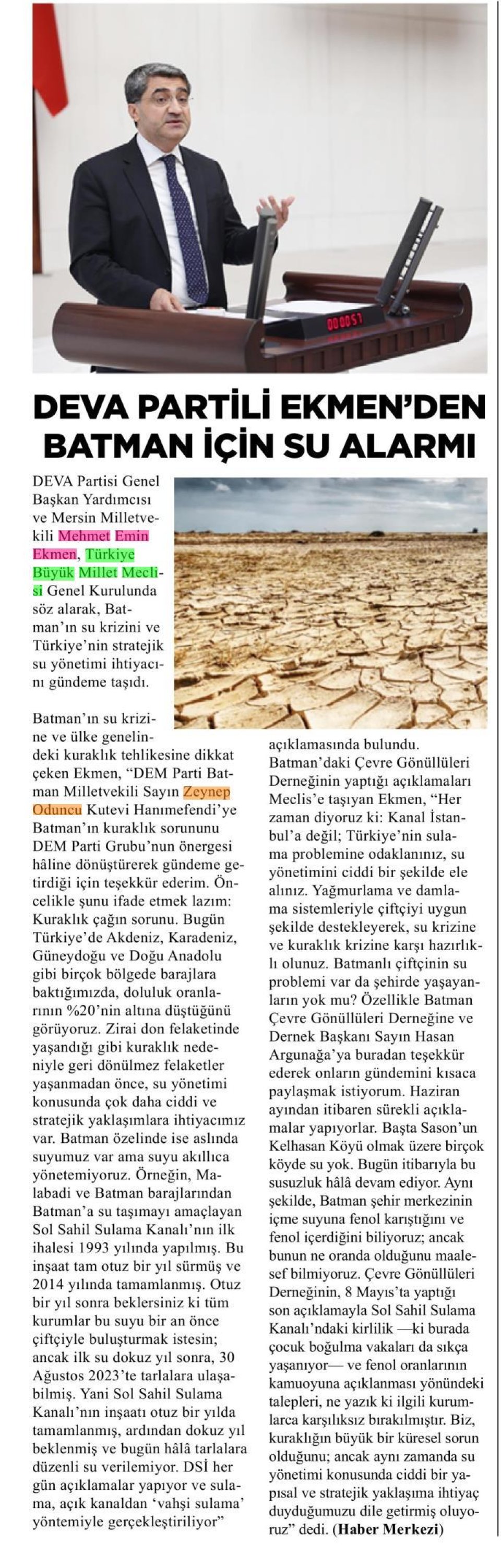DEVA PARTİLİ EKMEN'DEN BATMAN İÇİN SU ALARMI