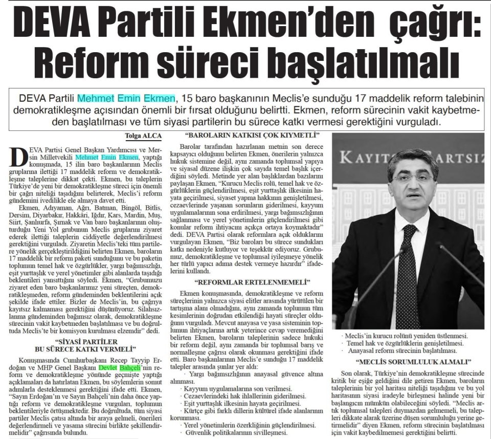 DEVA PARTİLİ EKMENDEN ÇAĞRI: REFORM SÜRECİ BAŞLATILMALI
